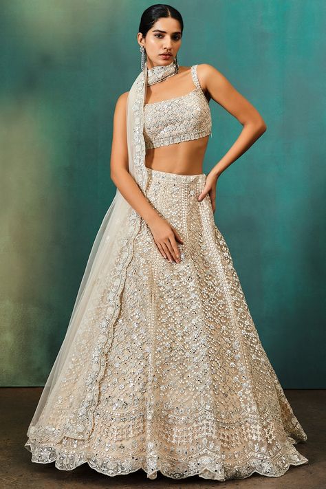 Featuring A Blush Net Lehenga With Floral And Geometric Pattern In Mirror, Thread And Zari. It Has A Matching Sleeveless Blouse And Dupatta. Colour Could Vary In Actual From The Image Aneesh Agarwaal, Strappy Blouse, Wedding Sarees Online, Indian Designs, Lehnga Designs, Designer Bridal Lehenga, Indian Dresses Traditional, Indian Woman, Net Lehenga