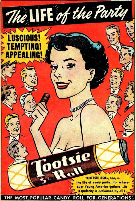 The history of Tootsie Rolls, once America's favorite candy (and Tootsie Pops, too) 1930s Advertisements, 1950s Futurism, 1940s Illustration, 1950s Ads, Futurisme Retro, Poster Vintage Retro, Vintage Advertising Posters, Tootsie Roll, Keramik Design