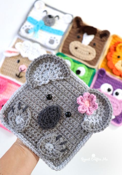 Elephant Granny Square Pattern, Koala Granny Square, Crochet Animal Squares Patterns, Easy Graphgan Patterns Free, Bunny Granny Square Crochet, Unique Crochet Projects Free, Granny Square Animals, Animal Granny Squares, Free Crochet Square