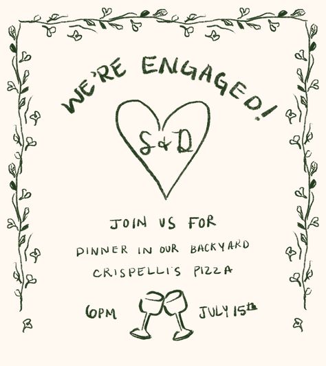 Hand-drawn engagement dinner invite by me! #invitation #engagement #dinnerparty #invite Engagement Party Stationary, Bridal Party Invites, Elopement Party Invite, Engagement Dinner Invitations, Aesthetic Engagement Party, Engagement Party Inspiration, Hand Drawn Wedding Invites, 70s Wedding Invitation, Hand Drawn Wedding Invite