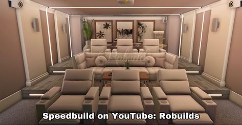 Bloxburg Huge Living Room Ideas, Bloxburg Home Theater Ideas, Bloxburg Home Cinema, Movie Theater Room Ideas Bloxburg, Bloxburg Cinema Room Ideas, Theater Room Ideas Bloxburg, Bloxburg Theatre Room, Movie Room Bloxburg Ideas, Mansion Bloxburg Interior