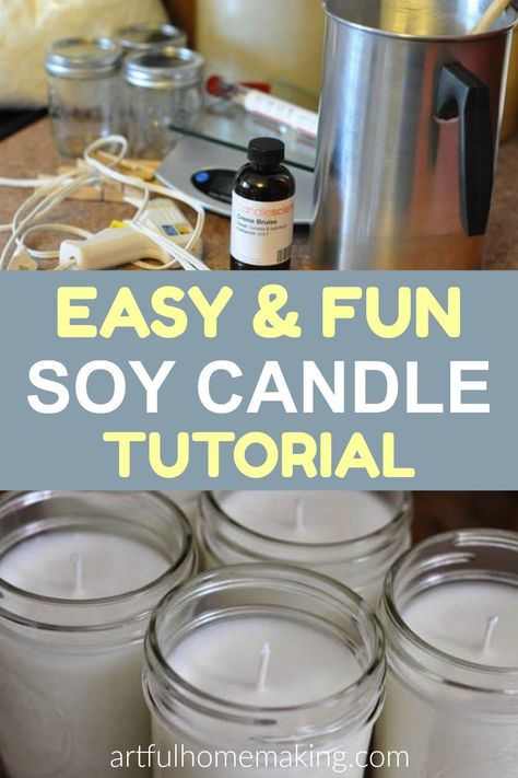 Soy Candle Recipe, Soy Wax Candles Diy, Make Soy Candles, Candle Making Recipes, Candle Making Tutorial, Candle Scents Recipes, Candle Making For Beginners, Wax Candles Diy, Homemade Soy Candles