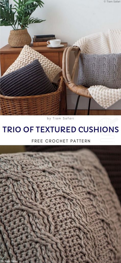 Trio of Textured Cushions Free Crochet Pattern  These three textured cushions go very well together and will be amazing addition to your living room. Handmade style is on trend now, so you can be sure that it's up to date. Go for classic monochrome palette or try something bold and crazy!  #crochetpillow #crochetforhome Cushions Crochet, Crochet Couch, Textured Cushions, Start Crocheting, Crochet Pillow Patterns Free, Textured Crochet, Quick Crochet Patterns, Pillow Crafts, Crochet Cushion Cover
