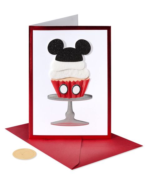 PRICES MAY VARY. Front Message: blank Inside Message: Wishing you an amazing day filled with fun and special treats! Happy Birthday This Mickey Mouse themed birthday card by Papyrus features handmade details including shimmering foil, glitter, felt and quality paper attachments with a delicate paper overlay Red envelope and unique Papyrus gold seal included. Card measures 5 in. x 7 in. Extra postage required. Papyrus offers premium stationery, greetings cards, gift wrap, gift bags and entertaini Birthday Party For Him, Disney Birthday Card, Birthday Hacks, Mickey Mouse Cupcake, Mickey Cupcakes, Cupcake Birthday Cards, Mickey Mouse Cupcakes, Mickey Birthday Party, Disney Birthday Party