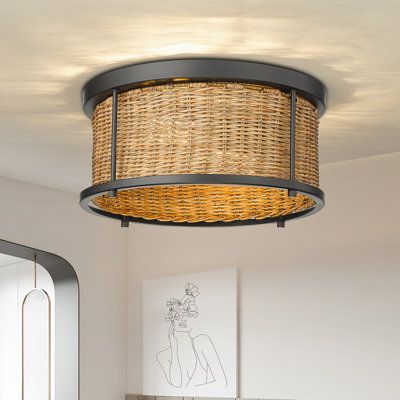 Featuring with 100% hand-woven bamboo wicker and matte black light frame, this rattan ceiling light casts 360° degree light effect shadows through the holes and create a unique cozy glow pattern once turn on. This lighting fixtures ceiling is the perfect combination of bohemian, farmhouse, natural, coastal, minimalist style for home decoration. | Bay Isle Home™ Monongahela 11.75" 2-Light Rustic Bamboo Rattan Flush Mount Ceiling Light in Black, Size 5.5 H x 11.75 W x 11.75 D in | Wayfair Wicker Flush Mount Light, Black Coastal Bathroom, Cottage Kitchen Lighting, Rattan Flush Mount Light, Rattan Flush Mount, Bohemian Light Fixtures, Rattan Ceiling Light, Coastal Minimalist, Rattan Ceiling