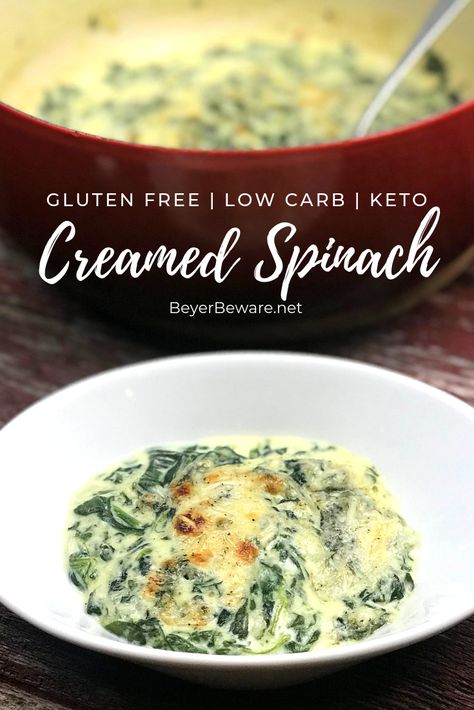 Keto Creamed Spinach is a simple gluten-free creamed spinach recipe combining steamed spinach, butter, heavy whipping cream, and mozzarella and parmesan cheeses.   #GlutenFree #LowCarb #Keto #SideDishes #Recipes #Keto #Spinach #Cheese Keto Creamed Spinach, Keto Spinach, Creamed Spinach Recipe, Steamed Spinach, Baked Recipes, Spinach Recipe, Keto Cream, Low Carb Sides, Low Carb Side Dishes