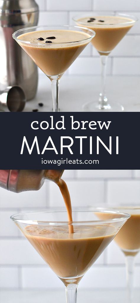 Calling all coffee cocktail lovers! A Cold Brew Martini is made without espresso and is a cinch to shake up. Beyond delicious! iowagirleats.com cold brew cocktail, cold brew cocktail drinks, new years eve drinks, easy cocktail recipe New Years Eve Espresso Martini, Cold Brew Cocktail Recipe, Cold Coffee Alcoholic Drinks, Coffee And Alcohol Drinks, Espresso Martini With Espresso Vodka, Cold Brew Coffee Cocktails, Cold Brew Coffee Drink Recipes, Easy Expresso Martinis, Espresso Martini Recipe Without Espresso