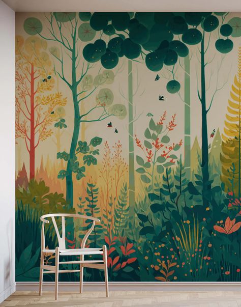 Mural Wallpaper Forest, Hand Painted Woodland Mural, Forest Mural Painting, Forest Wall Mural Painted, Forest Mural Bedroom, Fun Wall Painting Ideas Creative, Children Room Wall Painting, Mural Ideas Creative, Bird Room Ideas