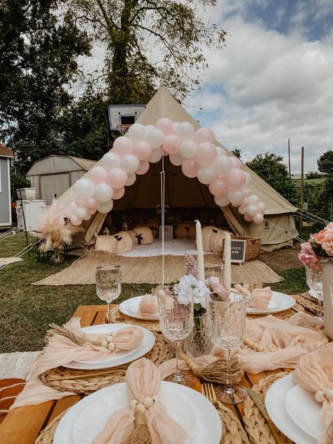 Glam Camping Birthday Party, Glamping Birthday Party Ideas Sleepover Indoor Camping, Birthday Glamping Ideas, Pink Glamping Party, Sweet 16 Glamping Bday Party, Pink Tent Sleepover, Birthday Tents Sleepover, Bachelorette Glamping, Glamping Birthday Party Ideas