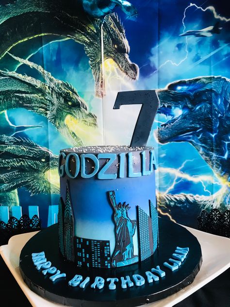 Liams 7th Birthday Cake- Goszilla, King of the Monster! Godzilla Birthday Cake Ideas, Godzilla Birthday Party Cake, Godzilla Cake Ideas, Godzilla Birthday Cake, Godzilla Cake, Godzilla Party, Monster Birthday Cakes, Godzilla Birthday Party, Godzilla Birthday