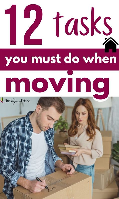 a man and woman packing with text overlay that reads twelve tasks you must do when moving Moving Tips, Home Moving Checklist, What To Do When Moving, Moving Out Of State Checklist, Moving House Checklist, Moving Out Of State, House Checklist, Moving Checklist, Task To Do
