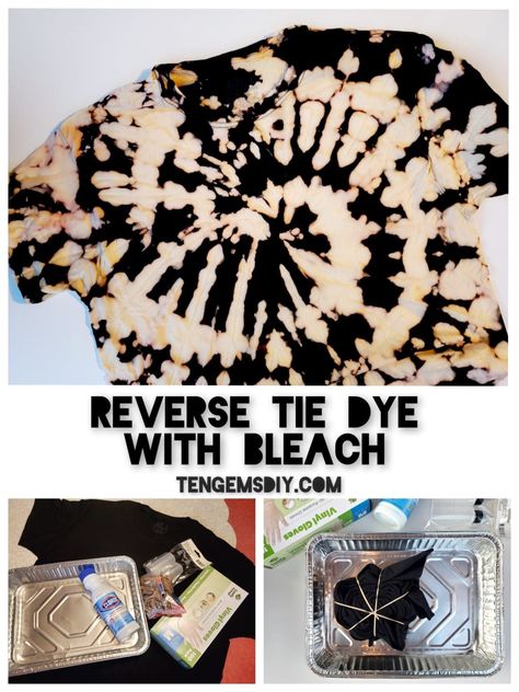 How To Make Reverse Tie Dye With Bleach - TenGemsDIY.com Upcycling, Reverse Tie Dye With Bleach, Tie Dye With Bleach, Reverse Tye Dye, Beach Halloween, Bleach Shirt Diy, Ty Dye, Diy Tie Dye Techniques, Diy Tie Dye Designs