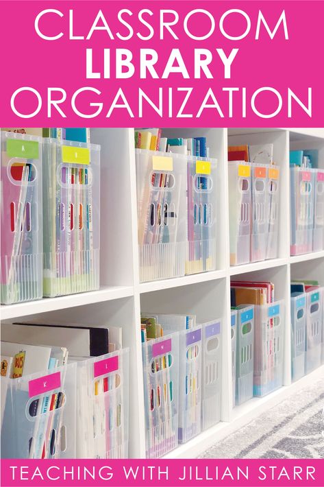 Classroom Library Organization: How should I set up my classroom library? Get ideas to organize and label your books, easy tips to create an inviting space for your students, discuss bins vs. no bins, organizing by level vs. no levels, and creating systems that will work for elementary classrooms. (Perfect for 1st grade, 2nd grade, 3rd and 4th grade classrooms) #classroomlibrary #librarysetup #libraryorganization #classroomorganization #libraryideas Organisation, Elementary Class Library Ideas, Teacher Book Organization Ideas, Book Bins For Students, School Books Organization, Kindergarten Library Set Up, How To Organize Books, Organize Bookshelf, Student Book Bins