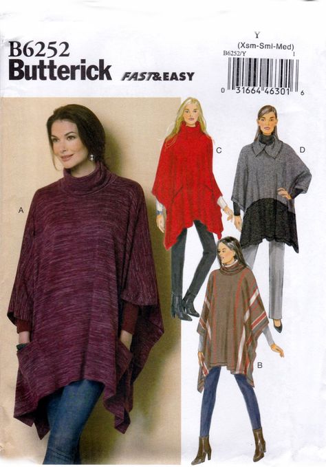 Butterick+B6252+6252+Misses+Poncho+Pullover+Easy+Sew+Sewing+Pattern+Sizes+Xsm-Sml-Med Poncho Pattern Sewing, Poncho Pullover, Pullover Poncho, Poncho Pattern, Butterick Sewing Pattern, Top Sewing Pattern, Easy Sewing Patterns, Current Styles, Coat Patterns