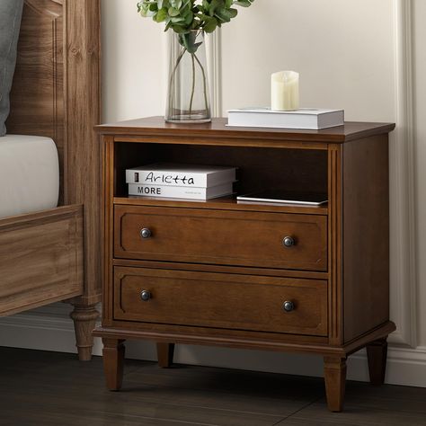 PRICES MAY VARY. MID CENTURY MODERN LOOK - The overall drawer dresser features a vintage texture to create a more welcoming and elegant living space. The unique handles add a hint of aesthetic, with understated hues to incorporate all styles effortlessly. AMPLE STORAGE SPACE - The bedside table has a storage space of 2 drawers and 1 open self, which is spacious enough to help you organize your room and meet different storage needs. You can place frequently used items on the table or on the open Space Dresser, Living Room Walnut, Transitional End Tables, Vintage Bedside Table, Nightstand With Charging Station, Small Nightstand, Dresser For Bedroom, Nightstand Decor, Oak Bedside Tables