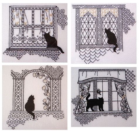 Cat On A Window Sill, Cat On Window, Blackwork Embroidery Designs, Blackwork Embroidery Patterns, Blackwork Cross Stitch, Blackwork Designs, Cat Cross Stitches, Blackwork Patterns, Blackwork Embroidery