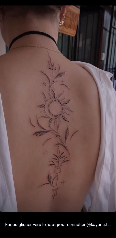 Moon Sun Spine Tattoo, Back Tattoo Women Sagittarius, Science Back Tattoo, Plant Tattoo On Thigh, Side Of Spine Tattoo, Tree Of Life Tattoo For Women On Back, Mandala Tattoo Hip For Women, Hip Tattoos Women Scar Cover, Earthy Spine Tattoos For Women