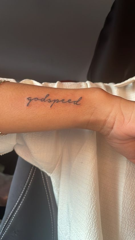 Tattoo Godspeed Godspeed Wrist Tattoo, Godspeed Back Tattoo, Wishing You Godspeed Tattoo, God Timing Tattoo, Cute Tattoos Back Of Arm, Godsend Tattoo, Godspeed Rib Tattoo, Grace Tattoo For Men, Made In The Image Of God Tattoo