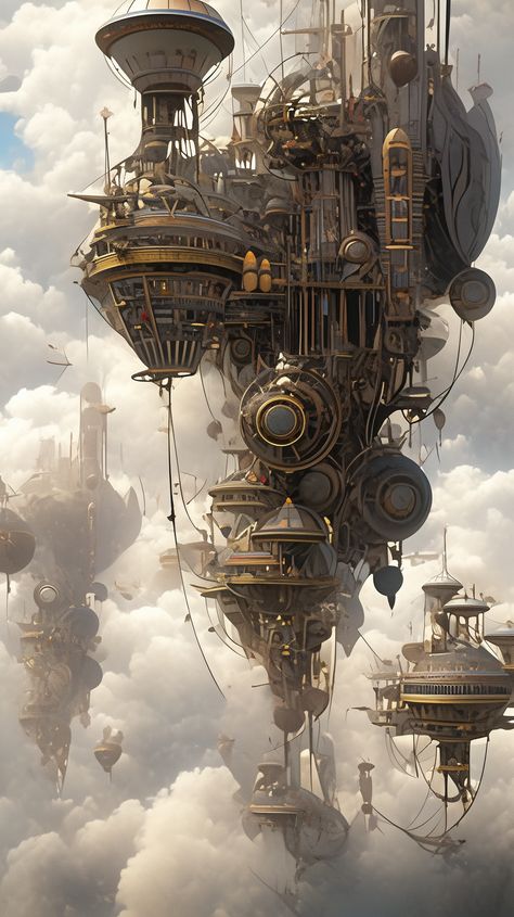 Floating City Futuristic, Light Steampunk Aesthetic, Steampunk And Cyberpunk, Steampunk Architecture Concept Art, Dystopian Steampunk City, Steampunk Futuristic City, Steampunk Floating Island, Steampunk Flying City, Futuristic Steampunk Aesthetic