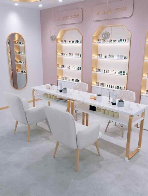 Nail Saloon Designs, Table For Nails Salon, Nail Studio Ideas Small Spaces White, Nail Salon Station Ideas, Nail Place Decoration, Nail Bar Design Interiors, Nail Studio Inspiration, Mesa Nail Designer, Nails Shop Interior Design