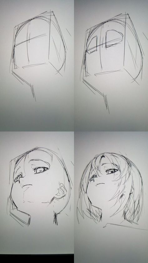 Sideways Profile Drawing, Anime Base Perspective, Anime Character With Sharp Teeth, Ponytail Men Drawing, Anime Face Looking Up, Dynamic Perspective Poses Drawing, Perspective Face Reference, Anime Head Perspective, Anime Face Perspective