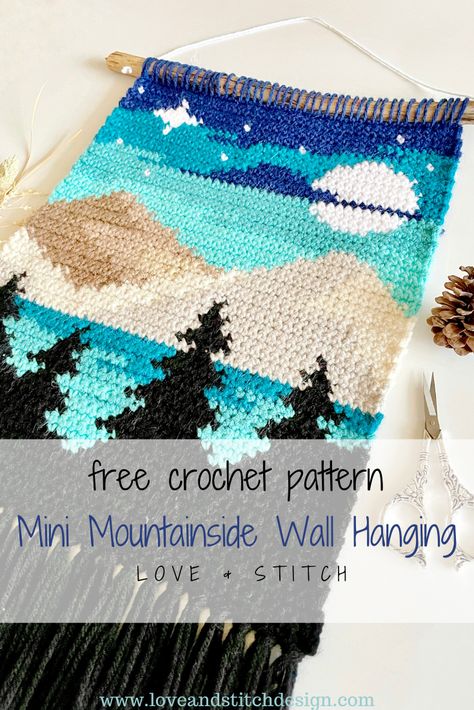 The Mini Mountainside Crochet Pattern is the perfect project for mountain lovers looking for a a beautiful weekend project! This pattern is for intermediate crocheters who are comfortable with color changing. Megan Anderson, Wall Hanging Crochet, Hanging Crochet, Crochet Wall Art, Pola Amigurumi, Crochet Motif Patterns, Crochet Wall Hangings, Tapestry Crochet Patterns, Square Top