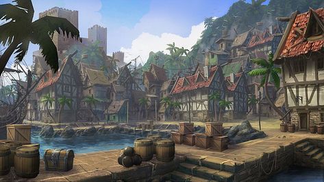 Pirate Roleplay (Closed) - Port town - Wattpad Evelynn League Of Legends, Pirate Island, Fantasy Town, Pirates Cove, Pirate Art, Location Inspiration, Fantasy City, Fantasy Places, Fantasy Setting