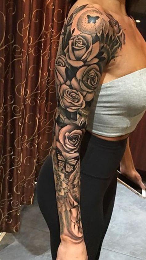 Are you ready to fall in love with a sleeve tattoo? Let's get it on your body! We've compiled the best designs for women so you can get started on your next big project! New School Tattoos, White Flower Tattoos, Black And White Flower Tattoo, Arm Tattoos Black, Arm Sleeve Tattoos For Women, Feminine Tattoo Sleeves, Rose Tattoo Sleeve, Tato Lengan, Girls With Sleeve Tattoos