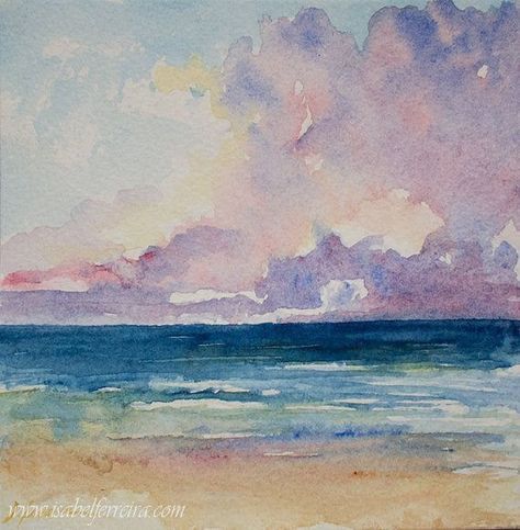 Easy Watercolor Paintings For Beginners Simple, Watercolor Beach, Watercolor Sky, Beach Water, Watercolour Inspiration, Watercolor Ocean, Beach Watercolor, Watercolor Painting Techniques, 수채화 그림