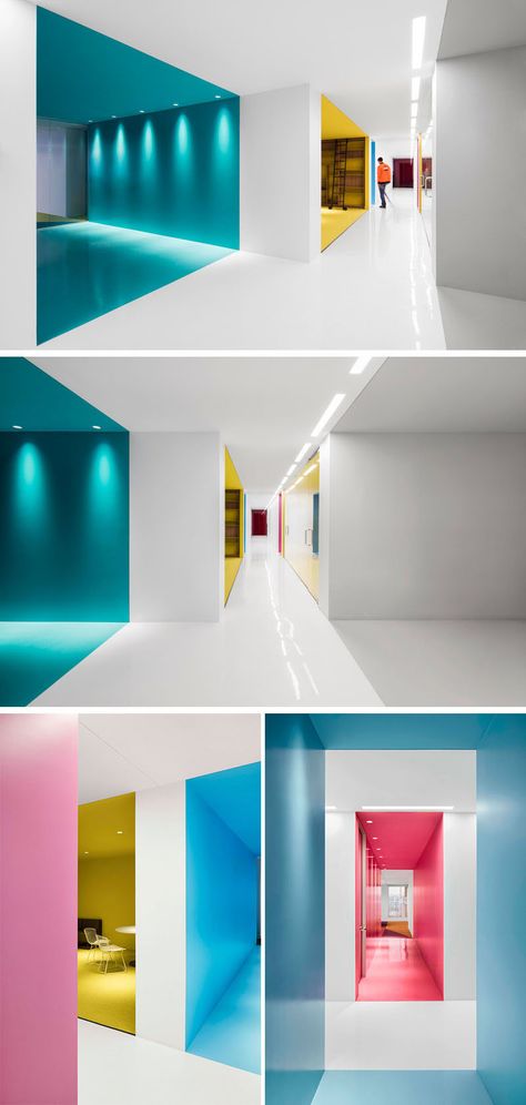 This contemporary and open-concept office design is mostly white, however bold pops of color have been used to define various areas throughout the interior. #Workplace #OfficeDesign #InteriorDesign #Office #Colors Cowork Space, Open Concept Office, Children's Clinic, Modern Office Design, Corporate Interiors, Contemporary Office, Casa Container, Office Colors, Bureau Design