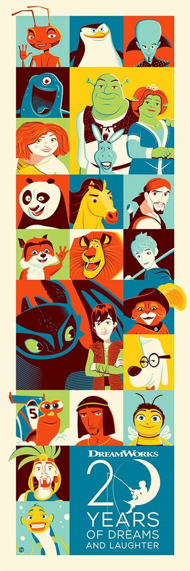 “20 Years of Dreams” DreamWorks Animation 20th Anniversary Screen Print by Dave Perillo Jack Frost, Dream Works Characters, Dreamworks Art, Anniversary Poster, Dreamworks Movies, Dreamworks Animation, Kung Fu Panda, Shrek, How Train Your Dragon