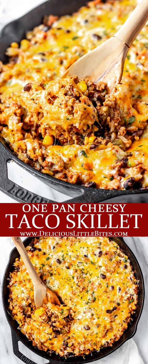 This delicious recipe for Cheesy Taco Skillet uses simple ingredients such as turkey, rice, black beans, and vegetables – so it is an extremely filling, well-rounded dish. Many people will enjoy the taco flavors found in this easy one pan skillet meal, since they are reminiscent of well-loved Mexican and Southwestern cuisines. | #taco #tacoskillet #skilletmeal #onepanmeal #onepandinner #glutenfree Easy Dinner Recipe Ground Beef, One Pot Cheesy Taco Skillet, Chicken And Rice Taco Skillet, One Pot Mexican Skillet, Meals With Mexican Rice, Dinner Recipes Cheap Healthy, Essen, One Pan Taco Bake, Easy Taco Skillet Dinner