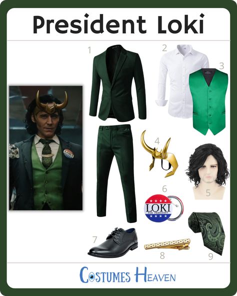 Try out the President Loki cosplay costume and keep the Marvel theme going for Halloween or your next cosplay event. This outfit will make you stand out as the iconic look. #Loki #Lokicosplay #cosplay #halloweencostume #costumesheaven Sylvia Loki Costume, Marvel Costume Ideas Men, Easy Loki Costume, Loki Cosplay Diy, Loki Variant Costume, Loki Female Cosplay, Loki Costume Female Diy, Marvel Cosplay Ideas, Loki Outfit Ideas