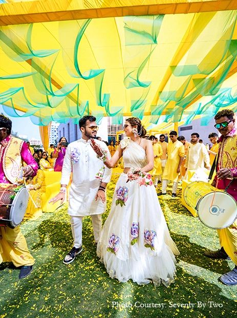 Haldi Bride Groom Outfit, Haldi Outfit For Groom And Bride, Sangeet Outfit For Couple Indian, White Haldi Outfit For Bride And Groom, Carnival Theme Indian Wedding Outfit, Haldi Outfit Bride And Groom, Haldi Dress For Bride And Groom, Haldi Look For Bride And Groom, Carnival Outfit Ideas Indian Wedding