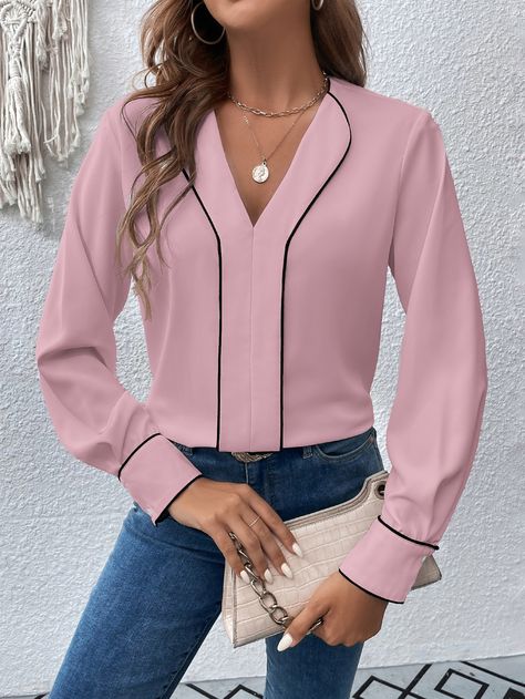 Pink Elegant Collar Long Sleeve Fabric Striped Top Embellished Non-Stretch  Women Clothing Tops For Working Women, Fashion Work Outfit, Classy Blouses, Rose Bonbon, Fashion Tops Blouse, Simple Blouse, Fitted Blouses, Elegant Blouses, Stylish Blouse