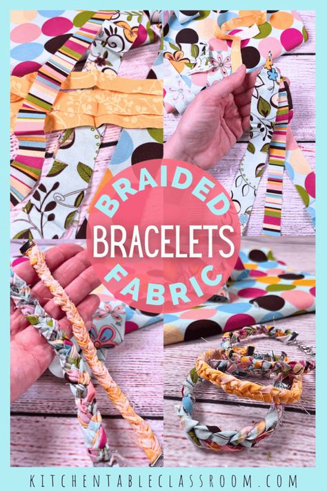 These braided bracelets are made from up-cycled fabric scraps. Upcycling, Scrap Bracelet, Fabric Bracelets Diy, Upcycle Fabric, Diy Braided Bracelet, Boho Jewelry Diy, Braided Bracelet Diy, Wire Jewelry Patterns, Diy Fabric Jewellery