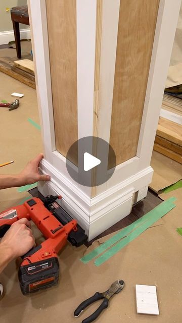 Ryan Walker on Instagram: "DON’T forget glue AND Brad nails 😂  This custom column was one of my favorite projects! Let me know what you think 👊  #columns #column #diy #diyhomeprojects #diyhomeimprovement #diyhomerenovation #custom #diyproject #diyinspiration #diyideas #diyidea" Interior Post Wrap Ideas, Interior Column Wrap Ideas, Diy Column Wrap, Wood Pillars Interior, Diy Pillars Columns, Basement Columns, Diy Columns, Interior Columns Ideas, Craftsman Porch Columns