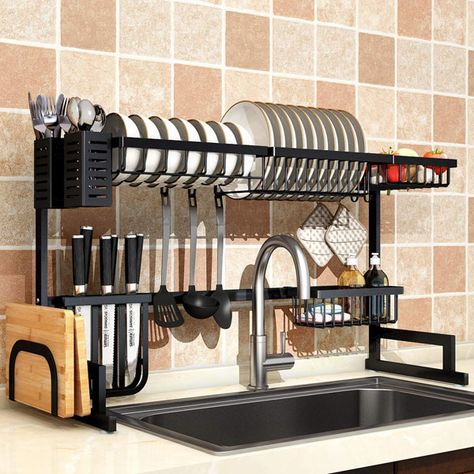 Small Kitchen Solutions, Hanging Kitchen Utensils, Makeover Kitchen, Drying Rack Kitchen, Desain Pantry, Kitchen Sink Storage, Tiny House Interior Design, Small Tiny House, Sink Sizes