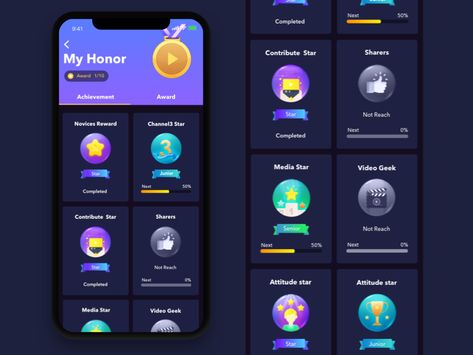 Achievement page by Sun. Game Achievement, App Badges, Mobile App Design Inspiration, App Interface Design, Ui Design Website, Mobile Interface, Themes App, Game Ui Design, Mobile Ui Design