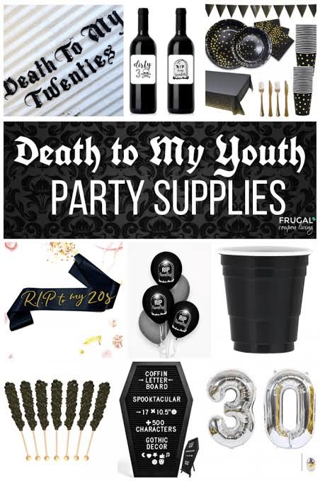 30s Bday Party Ideas, Halloween Themed 40th Birthday Party, 30th Birthday Snack Table, Rip Twenties Birthday Party, Black 30th Birthday Party Ideas, Funeral For 20s Party, Funeral For My Youth Party, Rip Youth Party, 20s Funeral Party
