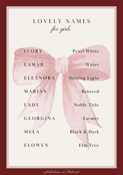 Traditionally feminine names and their meanings --- Vol. II includes: Ivory, Lamar, Eleanora, Marian, Lady, Georgina, Mela, Elowen Ivory Name Meaning, Feminine Names With Meaning, Name Ideas Meaning, Feminine Names Aesthetic, Fantasy Names Feminine, Names I Adore, Coquette Names, Coquette Name, Love Names