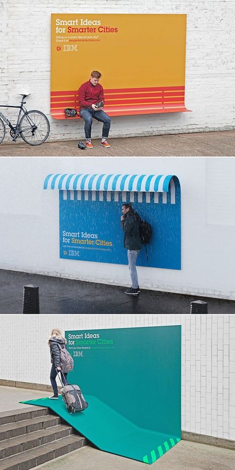 It's interesting to see advertising helping people in every day situations. IBM has been killing it with their designs lately!  IBM Turns Its Ads Into Useful Urban Furniture Urban Furniture, Kraftangan Prasekolah, Fasad Design, Guerrilla Marketing, Bus Shelters, Billboard Advertising, Graphisches Design, Street Marketing, Guerilla Marketing