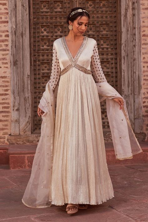 Ivory Crepe Karwa Embroidered Sleeve Anarkali With Dupatta Engagement Guest Outfit Indian, A Line Anarkali, Floor Length Dresses Indian, Floor Length Anarkali Dress, Wedding Anarkali Dress, Anarkali With Dupatta, Floor Length Anarkali, Anarkali Dress Pattern, Embroidered Anarkali