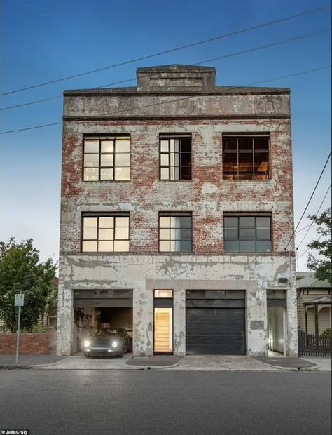 Inside a stylish converted warehouse flat in the Melbourne suburb of Brunswick with original details | Daily Mail Online Converted Industrial Building, Warehouse House Design, Warehouse Loft Design, Warehouse To Home Conversion, Converted Loft Apartment, Renovated Warehouse Home, Industrial Warehouse Apartment, Warehouse Turned Into House, Converted Warehouse Exterior