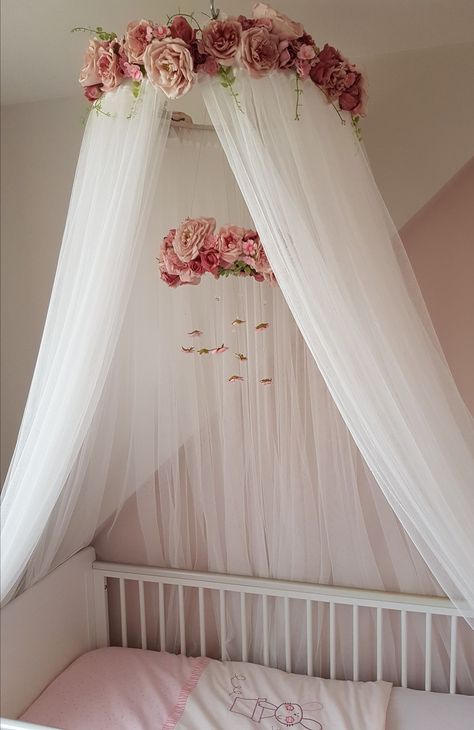 Bed Canopy For Girls Room, Canopy For Crib, Simple Bed Design Woods, Diy Nursery Canopy, Canopy With Flowers, Crib Canopy Girl, Simple Bed Design, Flower Canopy, Sweet Dreams Nursery