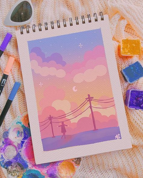 Check out these beautiful gouache paintings and tutorials. If you love watercolor paintings, I know you'll also love these gouache paintings. This is a beautiful night sky painting using acrylic paint. Diy Nature Painting, Matching Paintings Ideas, Himi Jelly Gouache Painting, Kawaii Paintings, Easy Arts, Gouche Painting, Night Sky Painting, Kartu Valentine, Gouache Art