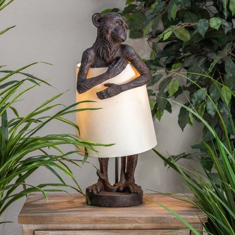 Bloomsbury Market Trento 22" Table Lamp & Reviews | Wayfair Monkey Lamp, Desk Lamps Bedroom, Novelty Lamps, Funky Monkey, Jungle Room, Deep Brown, Resin Table, Eclectic Style, Linen Shades