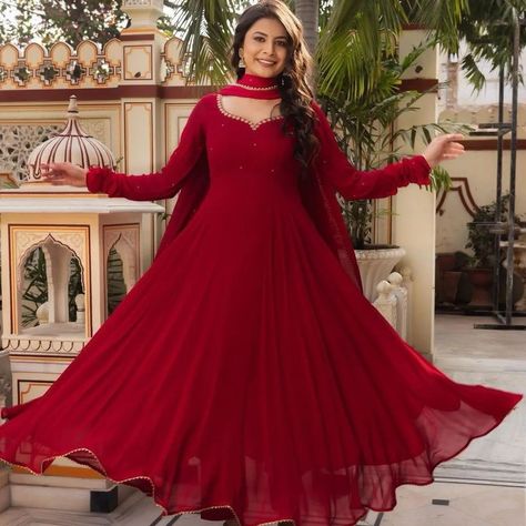 Beautiful Designer Anarkali Suit on Faux Georgette fabric ❤️✨ Order now 🛍️ #anarkalisuits #anarkalidresses #EthnicWear #traditionalwear #womenclothing #womenshop #onlineshopping #womenstyle Umbrella Cut Anarkali Dress Patterns, Maroon Anarkali Dress, Party Wear Gowns Indian, Red Anarkali Dress, Long Anarkali Dress, Red Anarkali, Indian Gown, Gown Indian, Gown With Dupatta