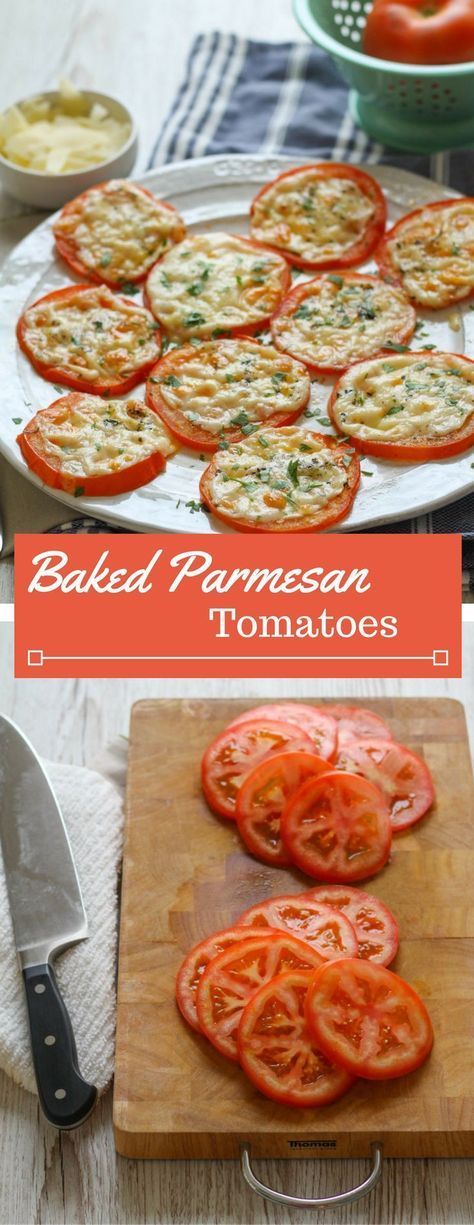 Need a new veggie side to serve with dinner? Try these simple baked tomatoes with a melted parmesan topping! Tortellini, Parmesan Tomatoes, Baked Parmesan Tomatoes, Veggie Side, Baked Tomatoes, Läcker Mat, Health Dinner Recipes, Tomato Recipes, Veggie Dishes