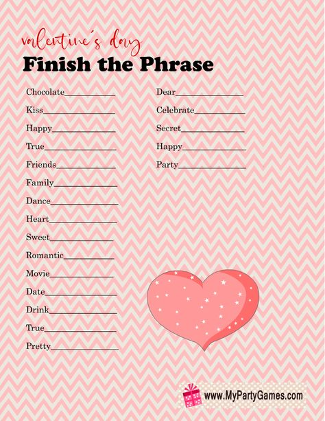 Valentines Day Games For Adults Free Printable, Galentines Game Ideas, Finish My Phrase Game, Vday Activities, Valentines Games For Couples, Valentines Tea, Valentine Games, Church Valentines, Vday Party